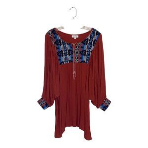 Valzera Oversized Tunic Top Boho Print Cognac Shark Bite Hem Dolman Sleeves Cuff